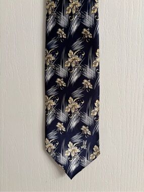 Yves Saint Laurent Navy Silk Tie with Cream Floral Motif